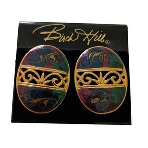 Vtg‎ 80s Enameled Filigree Earrings Maximalist Modernist Pierced Gold Tone Oval